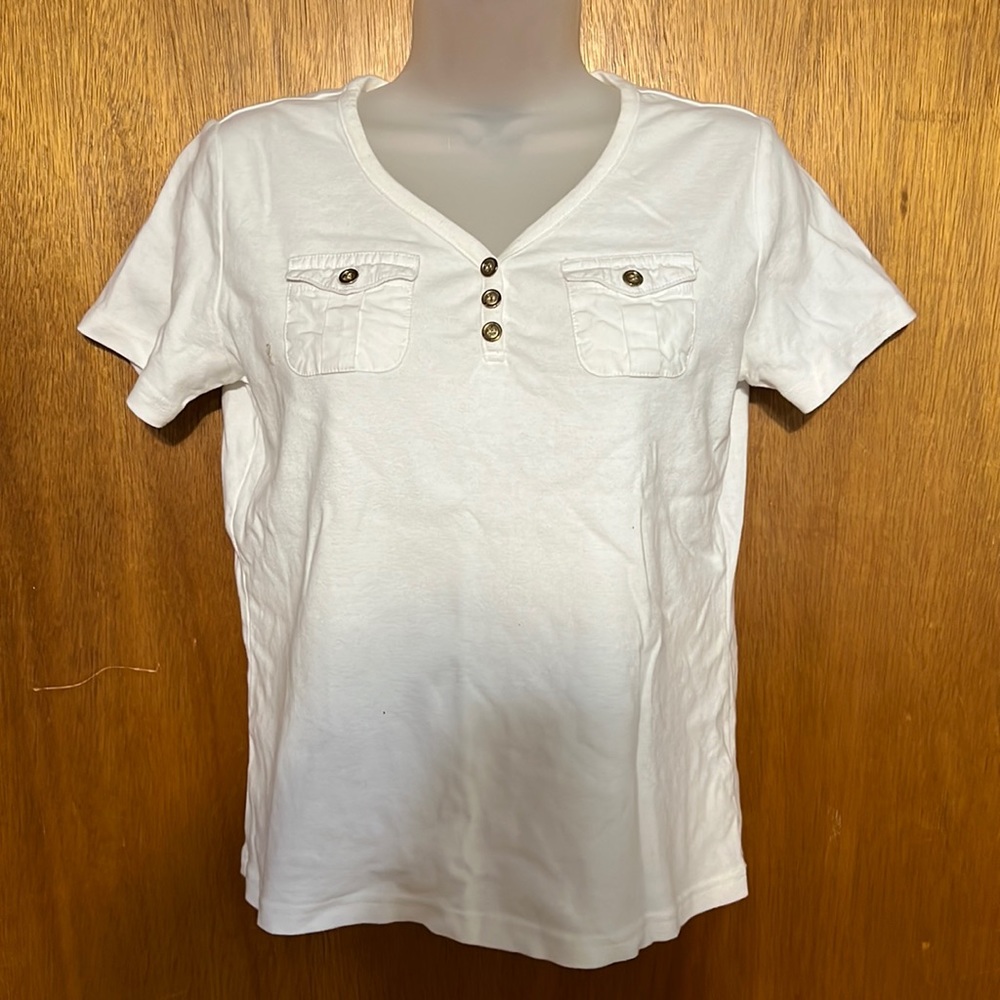 Karen Scott Petites White Henley Short Sleeve T-shirt SP NWOT